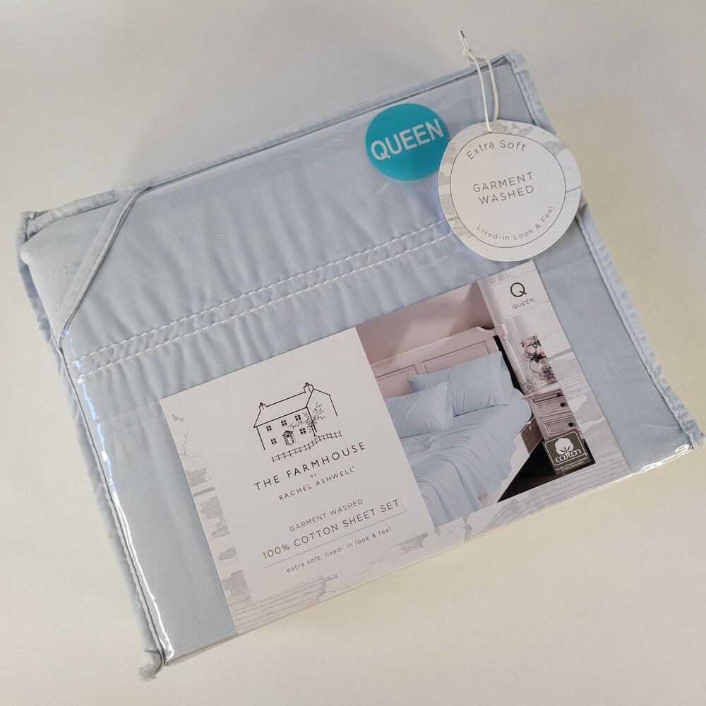 Shabby Chic 4pc QUEEN Sheet Set Solid Light Blue Cotton Farmhouse Rachel Ashwell